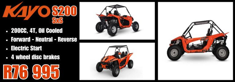 KAYO KT 50CC 2 STROKE MINI DIRT BIKE KAYO K5 300CC 4 STROKE ELECTRIC START ENDURO BIKE KAYO A50CC 2 STROKE FULL AUTO KIDDIES QUAD KAYO eA50 ELECTRIC KIDDIES QUAD 2 SPEED FULL AUTO KAYO AT110 ATV FULL AUTO 2 SPEED 4 STROKE ELECTRIC START FORWARD NEUTRAL REVERSE DISC BRAKES KAYO A 180 4 STROKE AIR COOLED ELECTRIC START FORWARD NEUTRAL REVERSE KAYO AU 180 UTILITY QUAD4 STROKE AIR COOLED ELECTRIC START FORWARD NEUTRAL REVERSE KAYO AU 300 UTILITY ATV 300CC 4 STROKE LIQUID COOLED ELECTRIC START DISC BRAKES FORWARD NEUTRAL REVERSE KAYO S200 SIDE X SIDE 200CC 4 STROKE OIL COOLED ELECTRIC START FORWARD NEUTRAL REVERSE