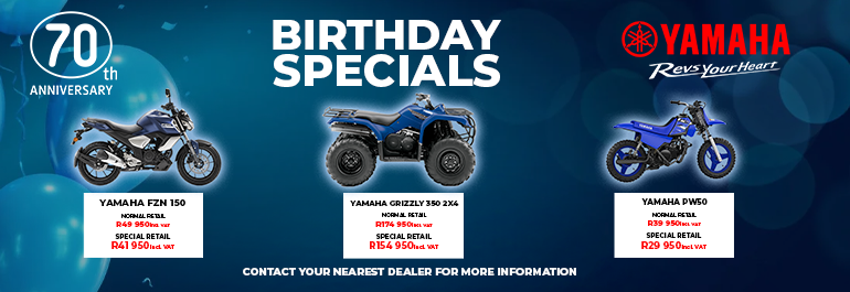 Yamaha South Africa Celebrates 70 Years – Birthday Specials on Bikes and ATVs! 70 Years of Yamaha: Limited-Time Birthday Deals on Your Favourite Models Celebrate 70 Years of Performance with Yamaha SA Birthday Specials Yamaha Turns 70 – Save Big on the FZN 150, Grizzly 350 and PW50 Yamaha South Africa Yamaha 70th Anniversary Yamaha Birthday Specials Yamaha Deals South Africa Yamaha FZN 150 for Sale Yamaha Grizzly 350 2x4 for Sale Yamaha PW50 South Africa Yamaha Motorcycles Special Offers Yamaha South Africa promotions 2025 Yamaha motorbike specials Gauteng / Cape Town Yamaha Anniversary Discounts Buy Yamaha Adventure Bike SA Yamaha Quad Bike Specials Yamaha Kids Bikes Deals South Africa 70 Years of Yamaha Motorcycles #Yamaha70Years #YamahaSouthAfrica #YamahaSA #YamahaRevsYourHeart #YamahaLife #YamahaAdventure #YamahaMotorcycles #RideSouthAfrica #MotorcycleSouthAfrica #BikeLifeSA #YamahaDealsSA #YamahaBirthdaySpecials #AdventureMotorcyclesSA #YamahaATV #PW50 #FZN150 #Grizzly350 #MotorbikeLove #BikersOfSA #DualSportSA #OffRoadLifeSA #RideYamaha #70YearsStrong #RevsYourHeart #YamahaSouthAfrica #Yamaha70Years